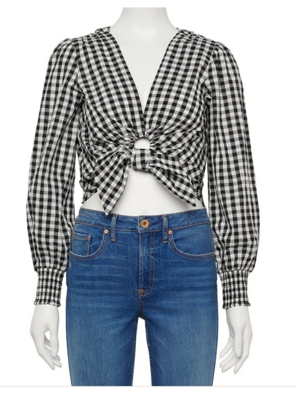 SO Junior's Keyhole Tie-Front Black & White Gingham Woven Blouse